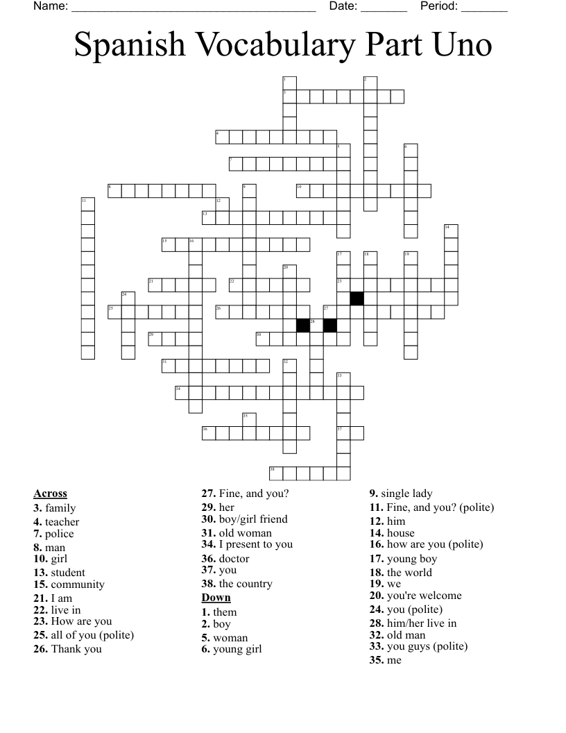 Spanish Vocabulary Part Uno  Crossword