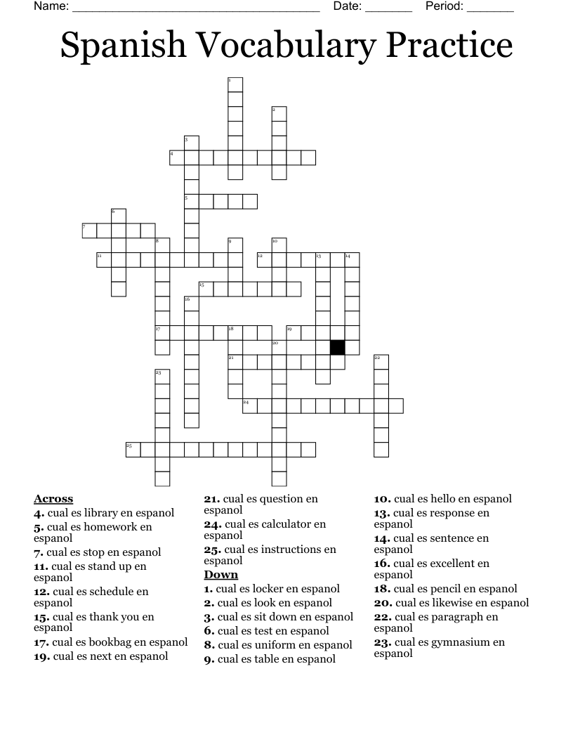 Spanish Vocabulary Practice Crossword