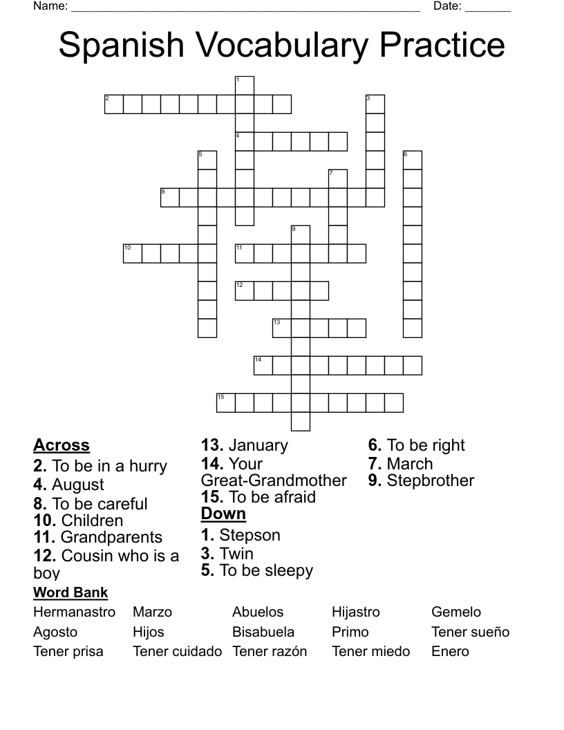 Spanish Vocabulary Practice Crossword
