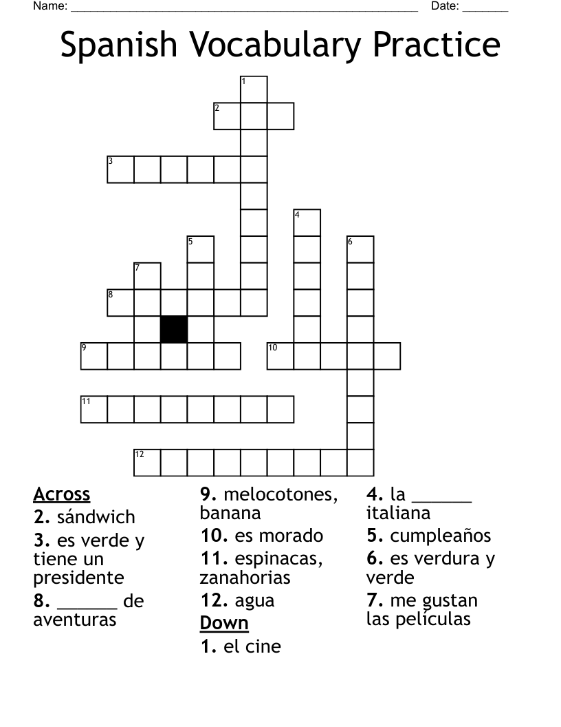 Spanish Vocabulary Practice Crossword