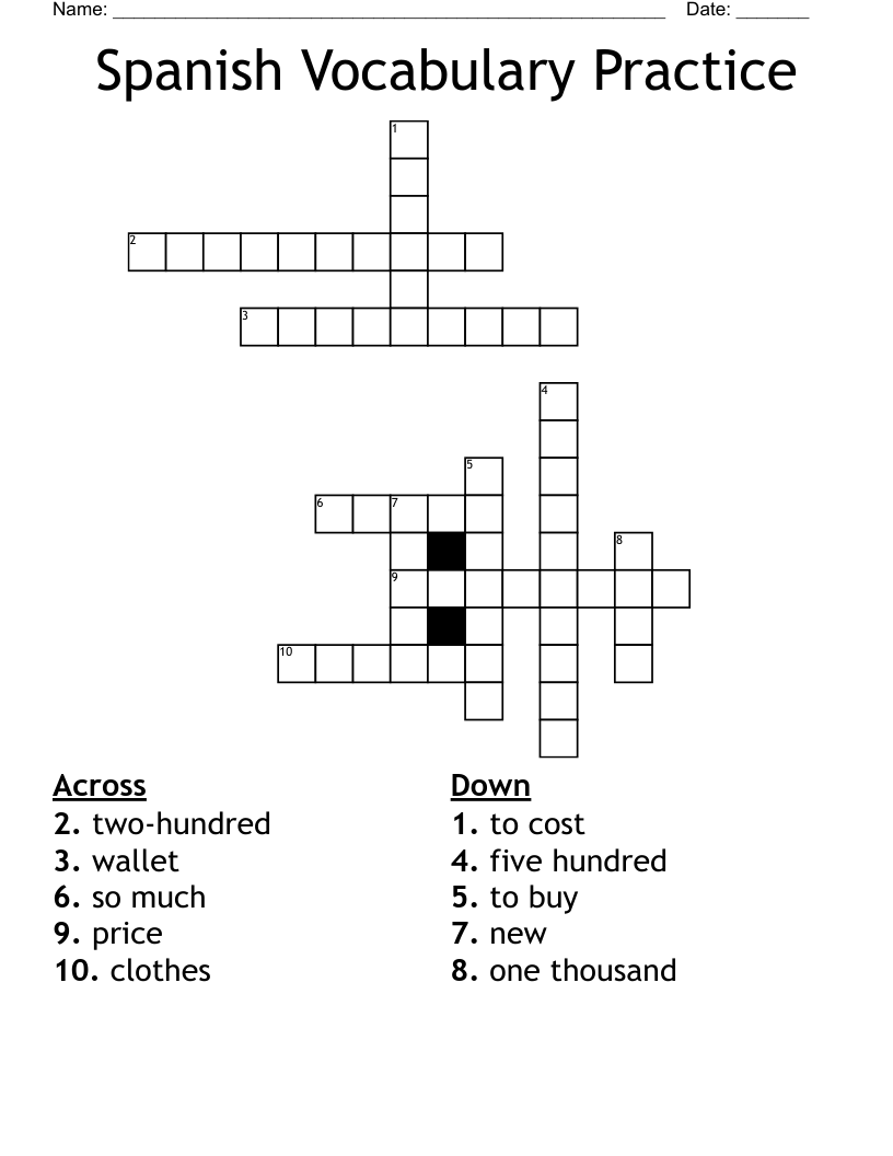 Spanish Vocabulary Practice Crossword