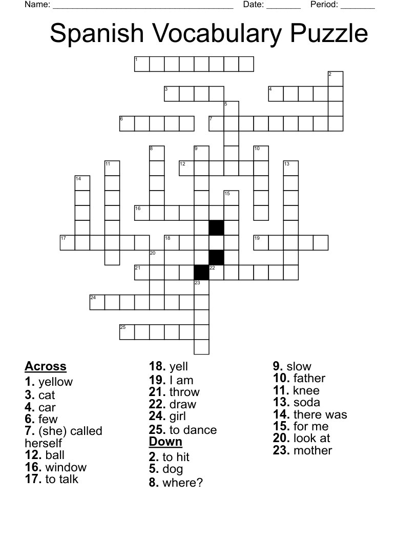 Spanish Vocabulary Puzzle Crossword