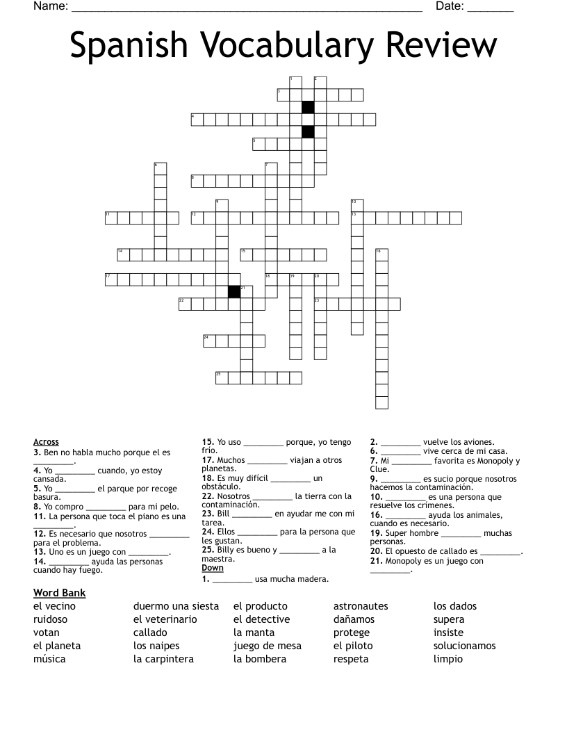 Spanish Vocabulary Review Crossword