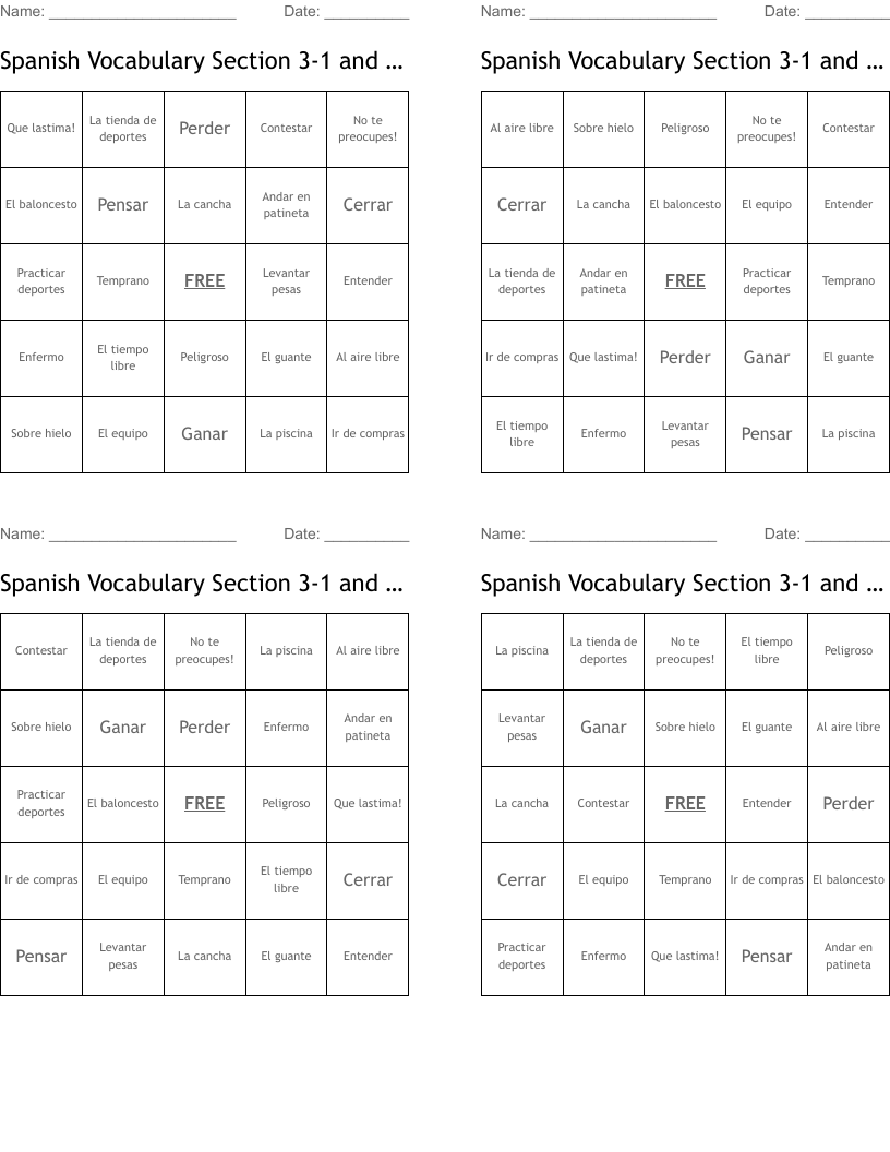 Spanish Vocabulary Section 3-1 and 3-2 Bingo Cards