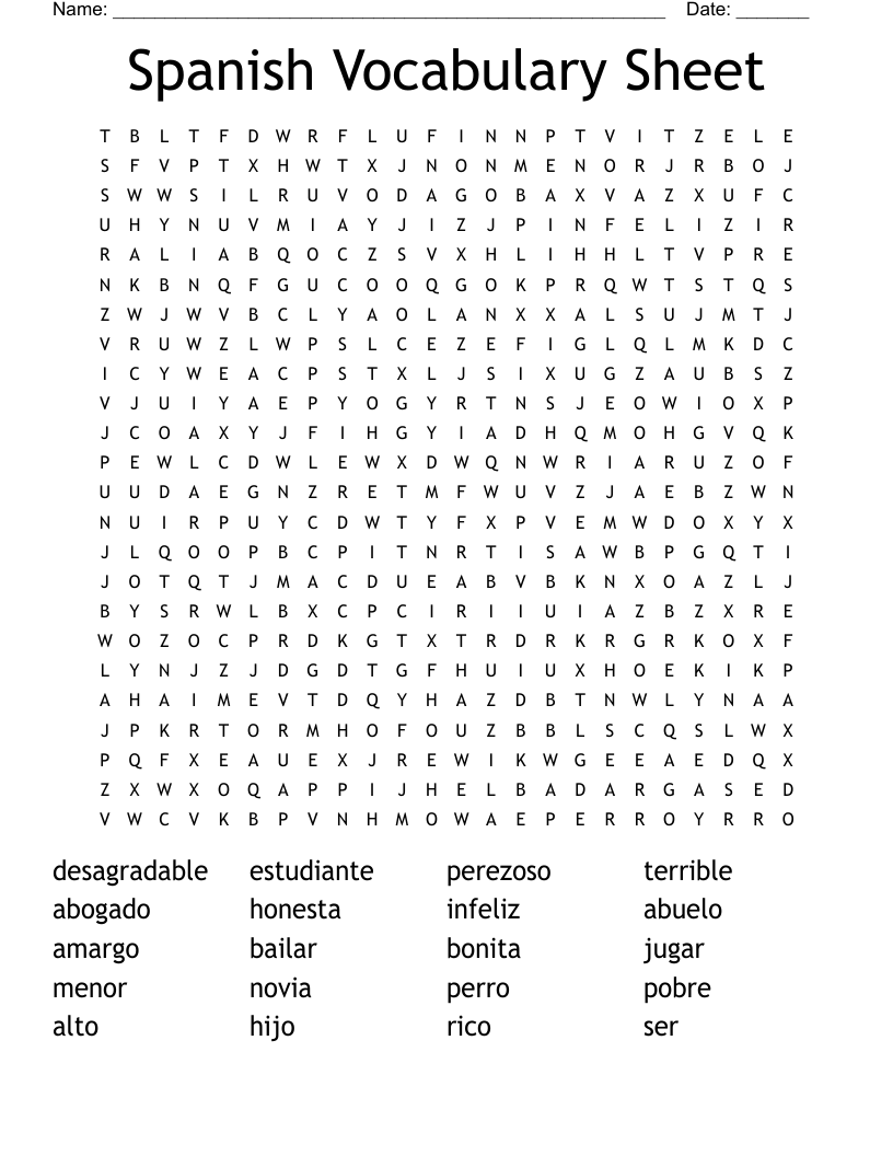 Spanish Vocabulary Sheet Word Search