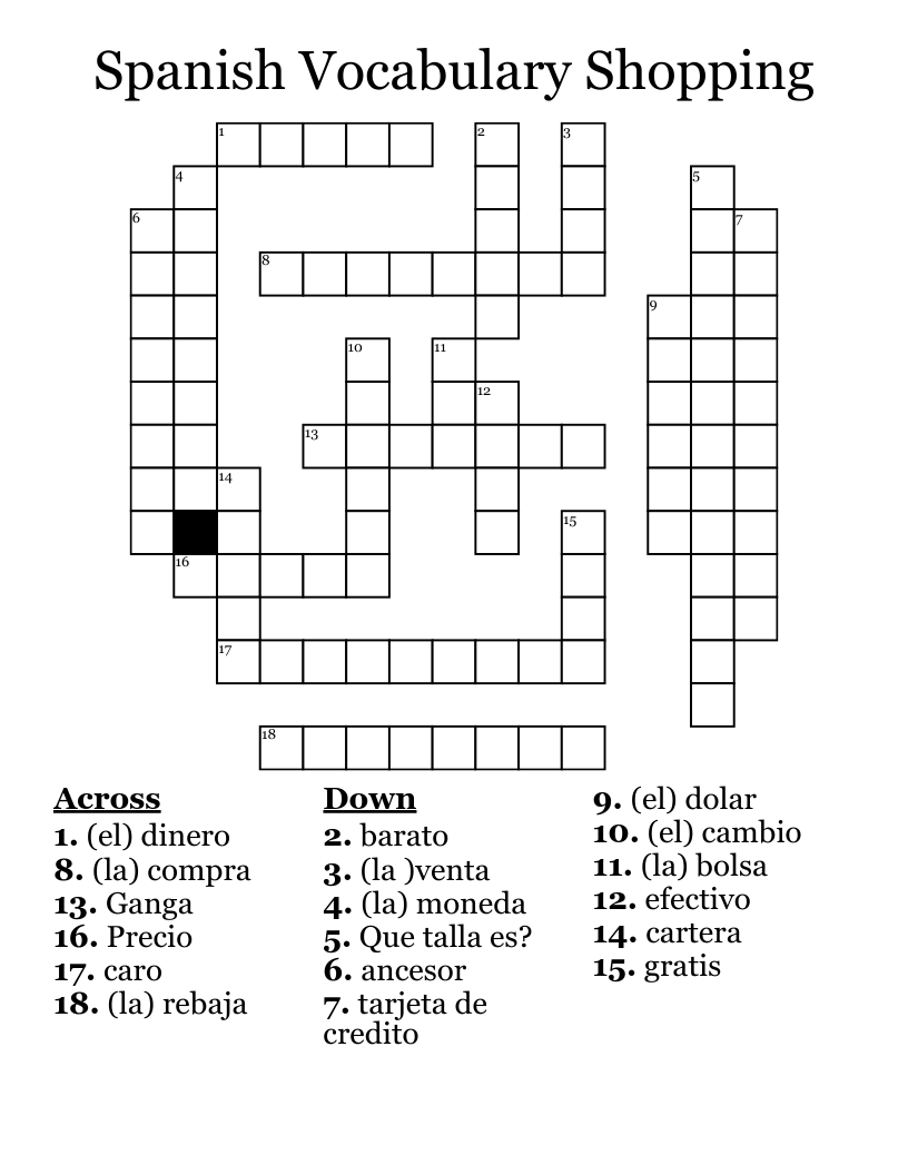 Spanish Vocabulary Shopping Crossword
