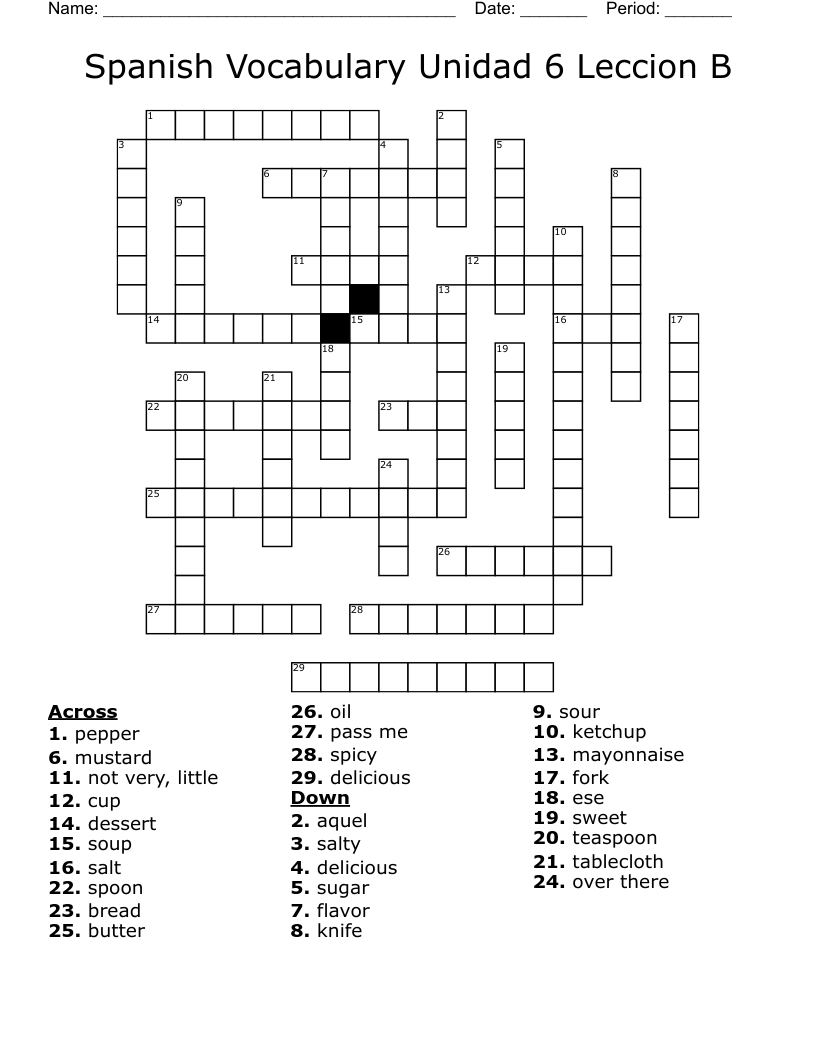 Spanish Vocabulary Unidad 6 Leccion B Crossword