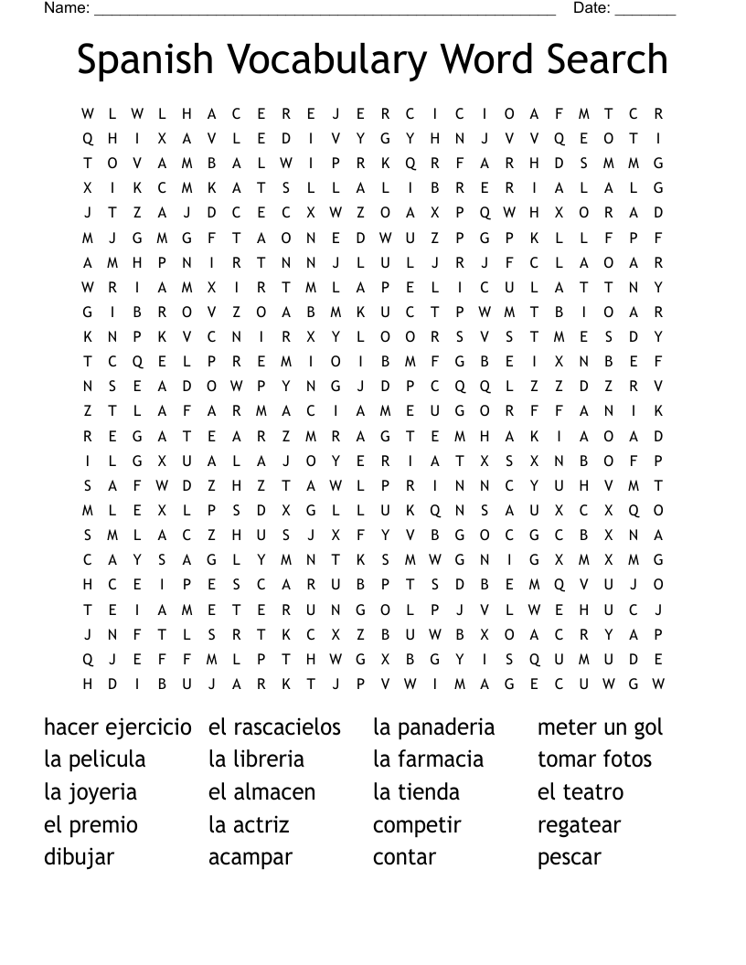 Spanish Vocabulary Word Search