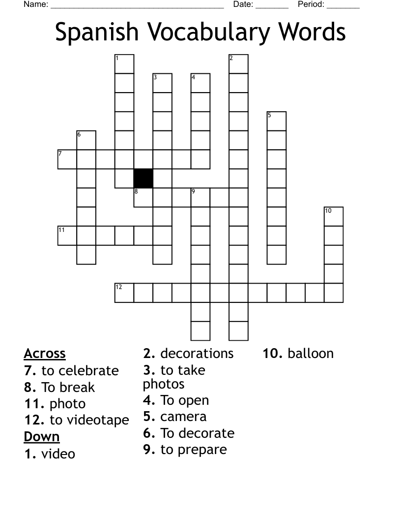 Spanish Vocabulary Words Crossword
