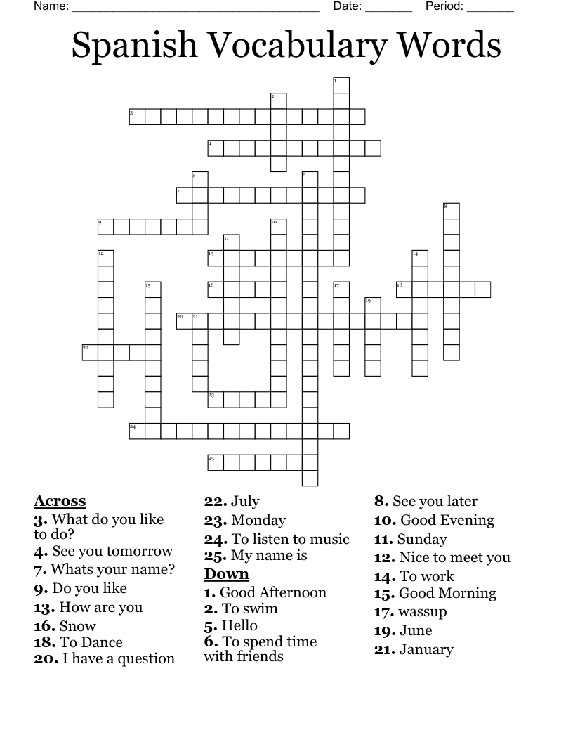 Spanish Vocabulary Words Crossword