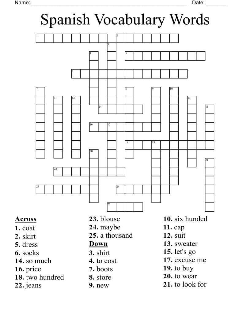Spanish Vocabulary Words Crossword