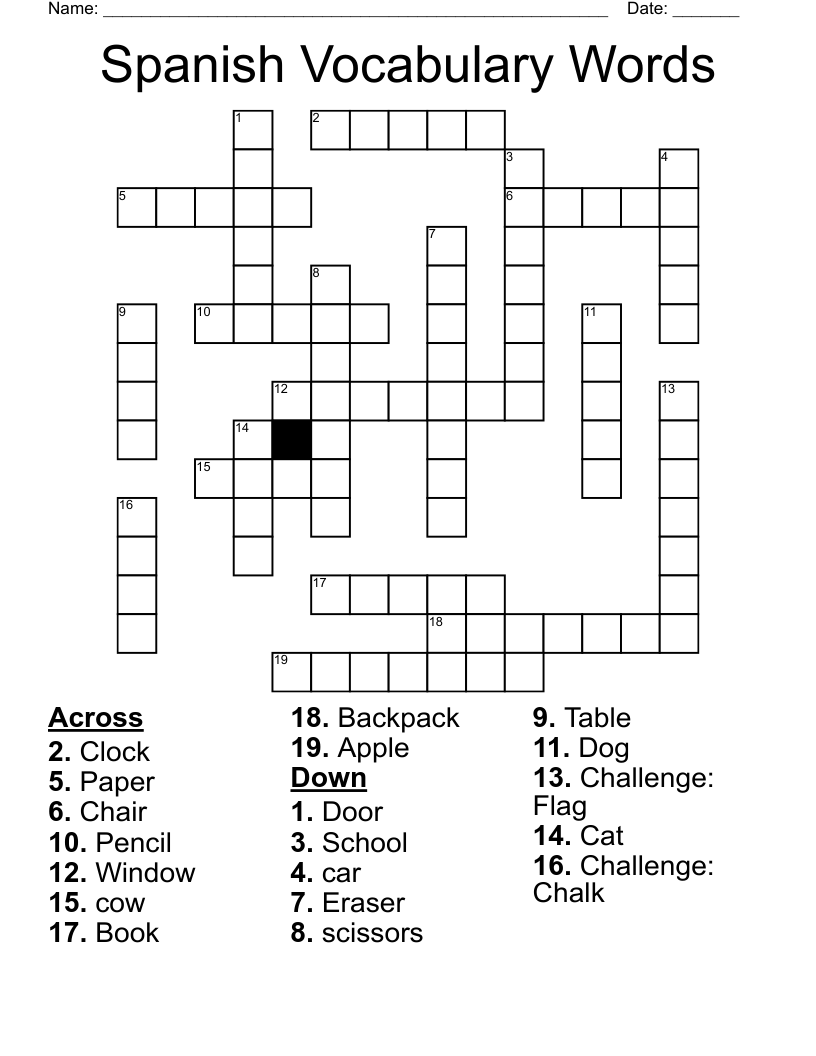 Spanish Vocabulary Words Crossword