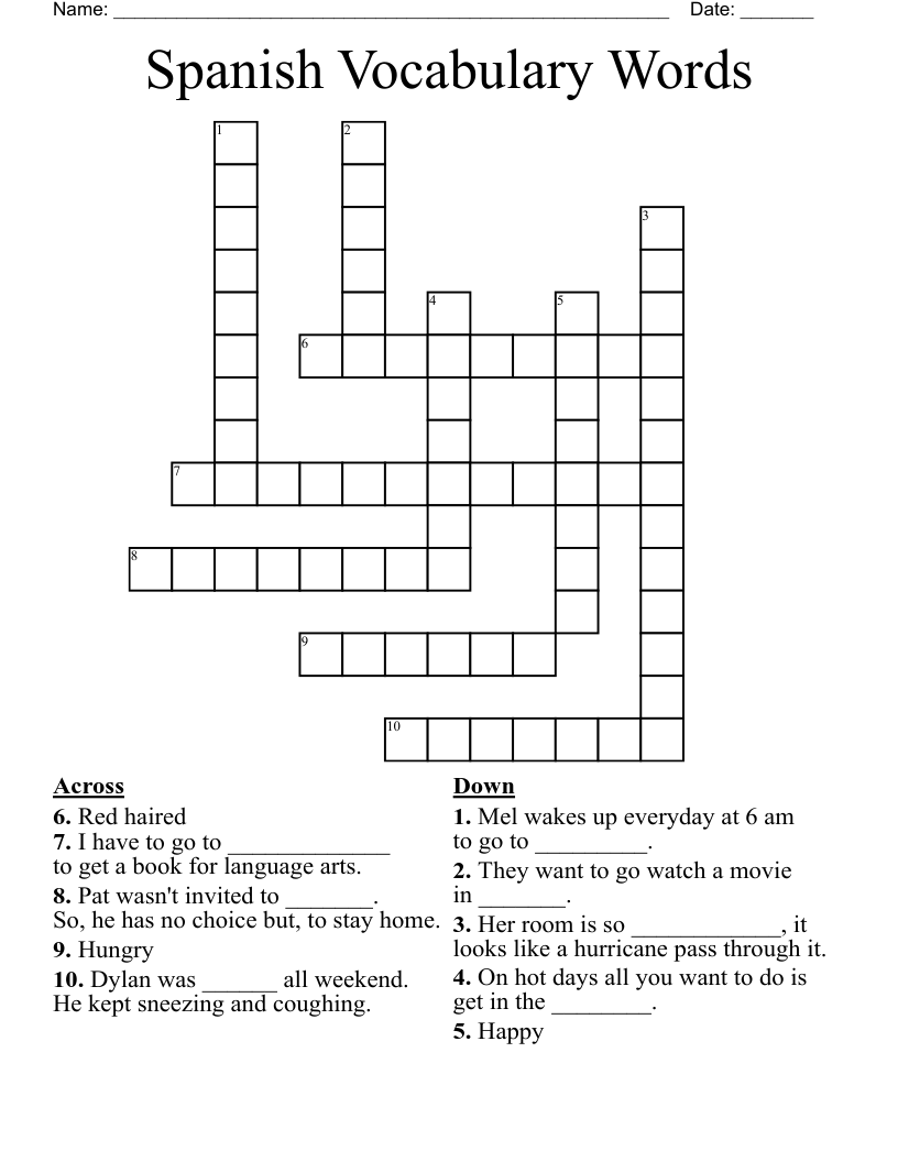 Spanish Vocabulary Words Crossword