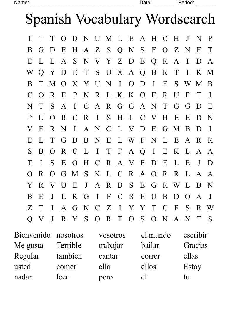 Spanish Vocabulary Wordsearch