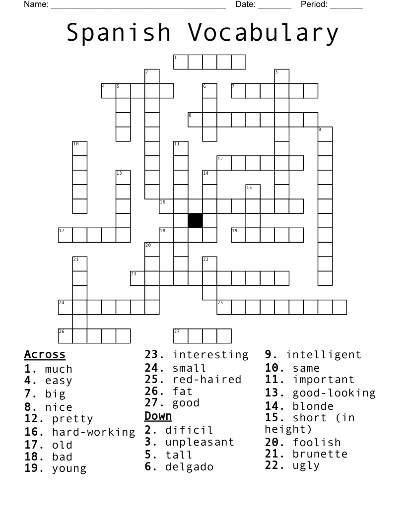 Spanish Vocabulary  Crossword