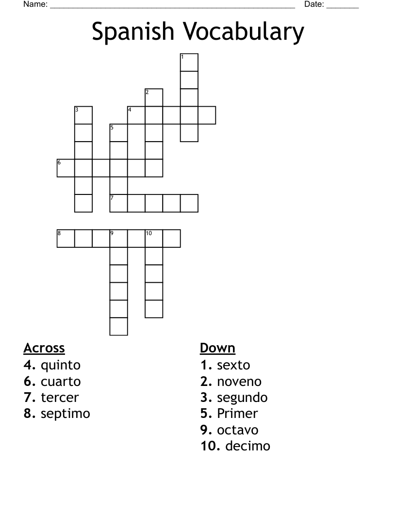 Spanish Vocabulary  Crossword