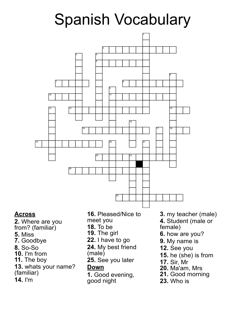 Spanish Vocabulary  Crossword