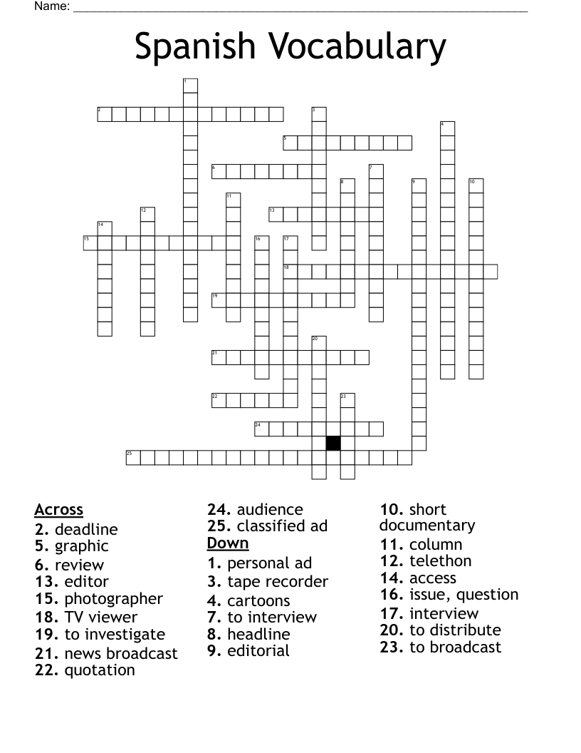 Spanish Vocabulary  Crossword