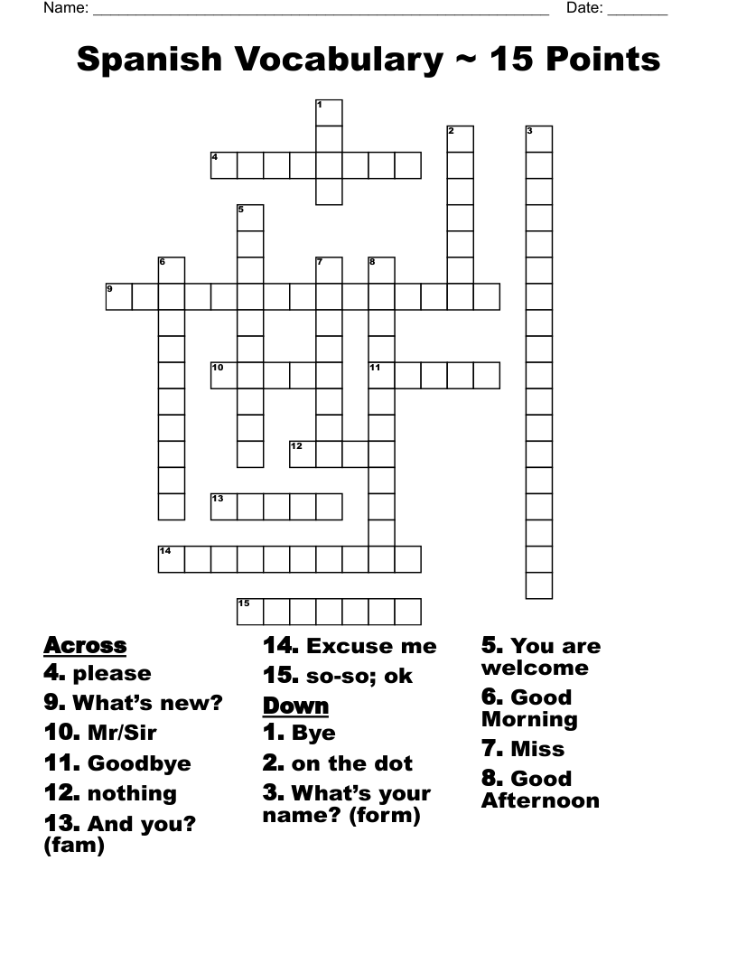 Spanish Vocabulary ~ 15 Points Crossword