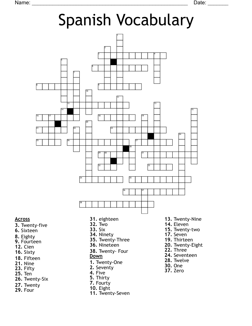 Spanish Vocabulary  Crossword