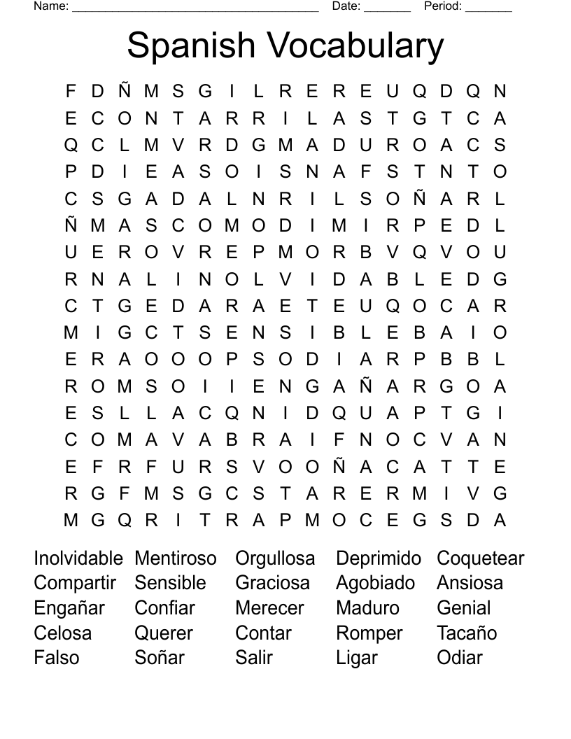 Spanish Vocabulary  Word Search
