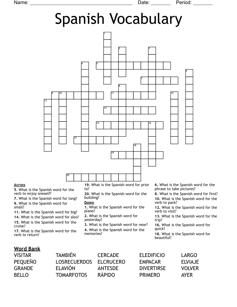 Spanish Vocabulary  Crossword
