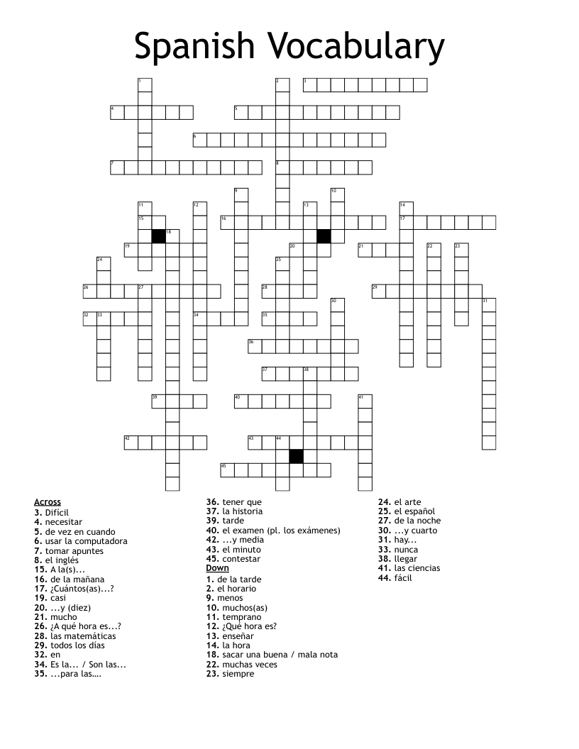 Spanish Vocabulary  Crossword