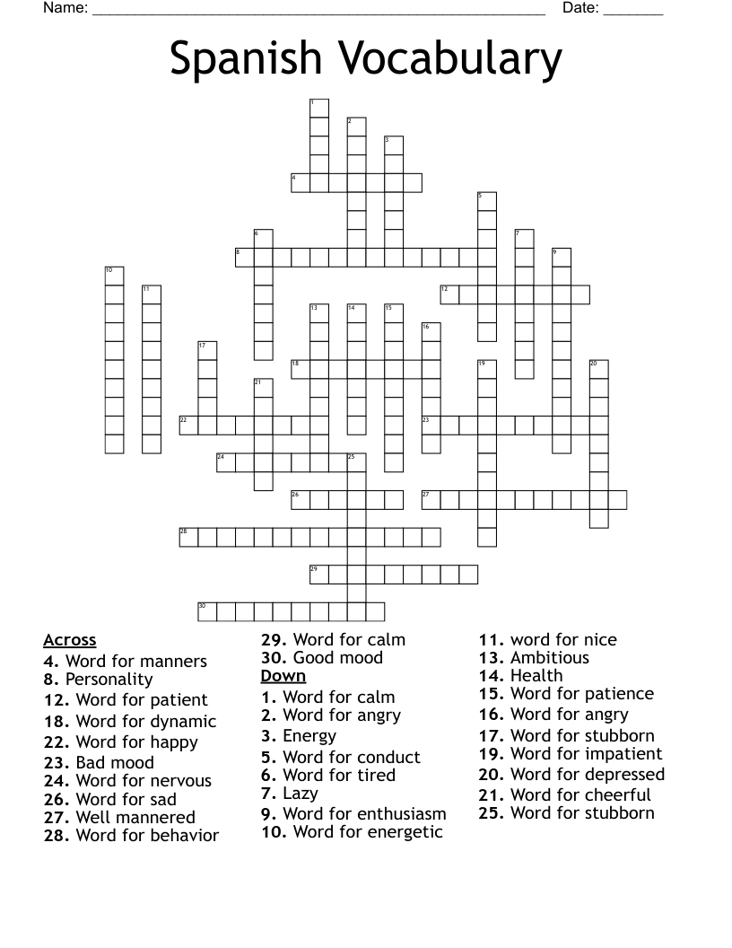 Spanish Vocabulary  Crossword