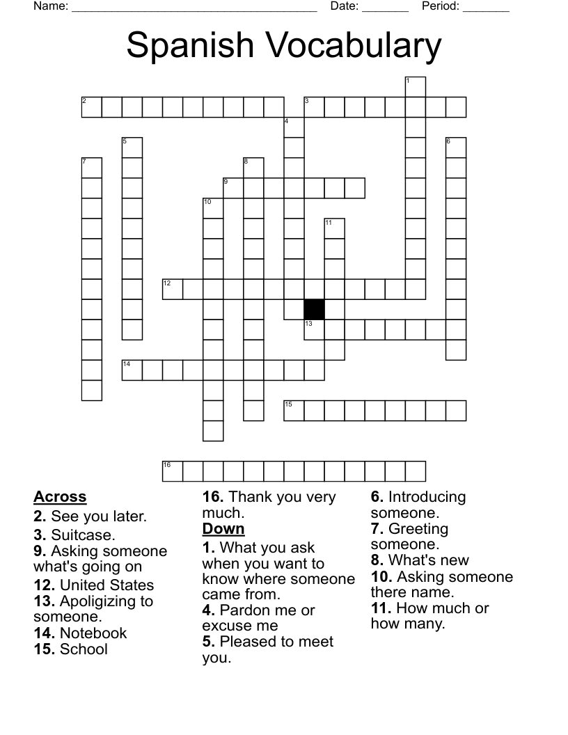 Spanish Vocabulary  Crossword