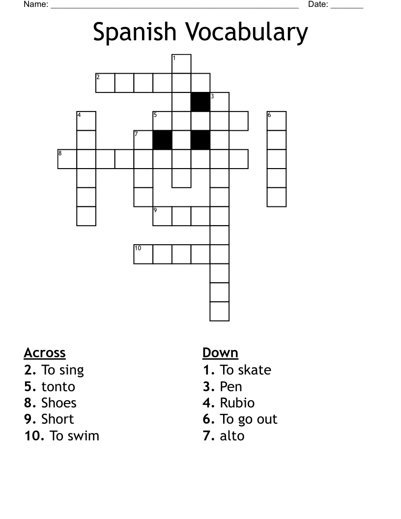 Spanish Vocabulary  Crossword