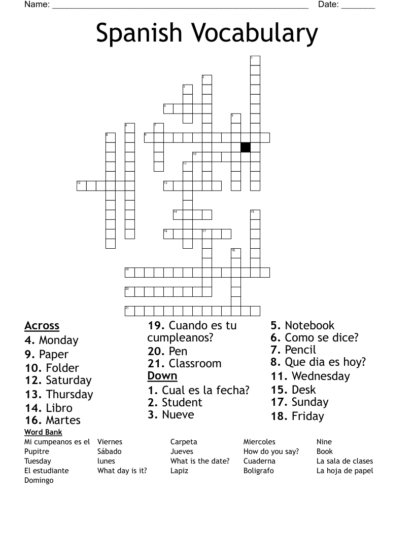 Spanish Vocabulary  Crossword