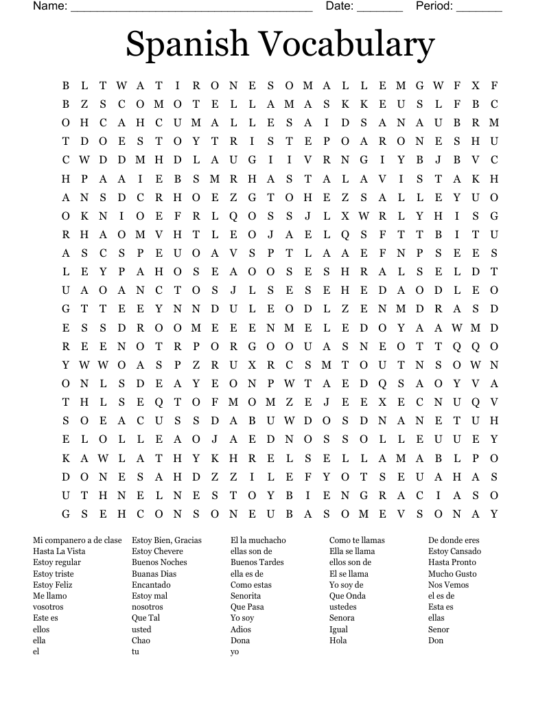 Spanish Vocabulary  Word Search