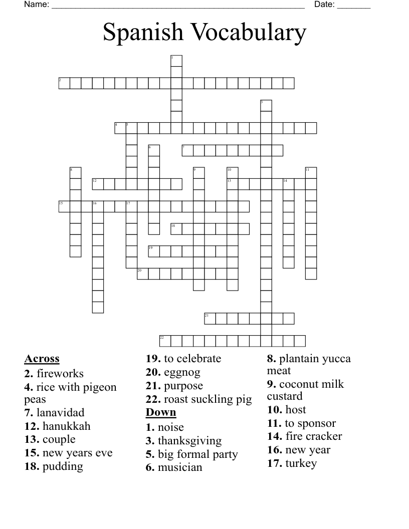 Spanish Vocabulary  Crossword
