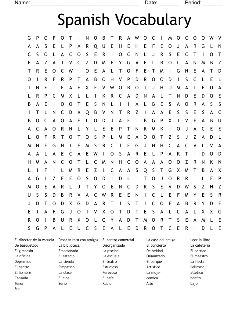 Spanish Vocabulary  Word Search