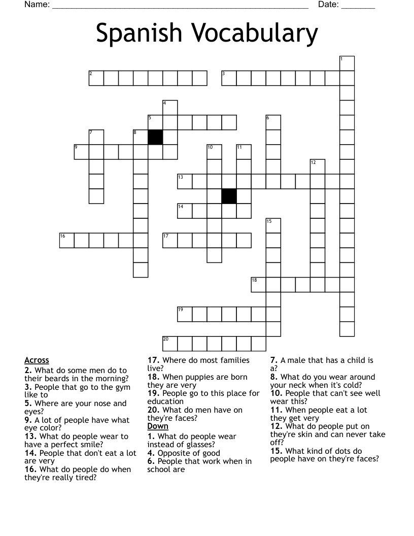 Spanish Vocabulary  Crossword