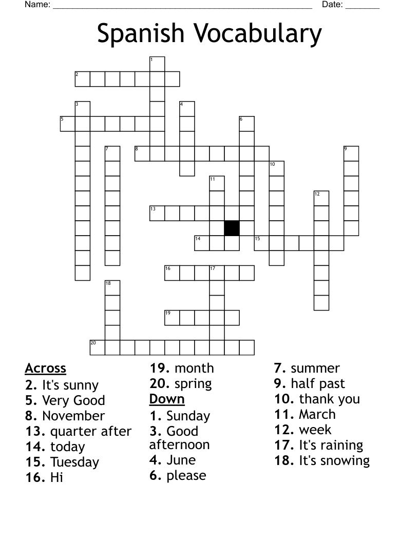 Spanish Vocabulary  Crossword