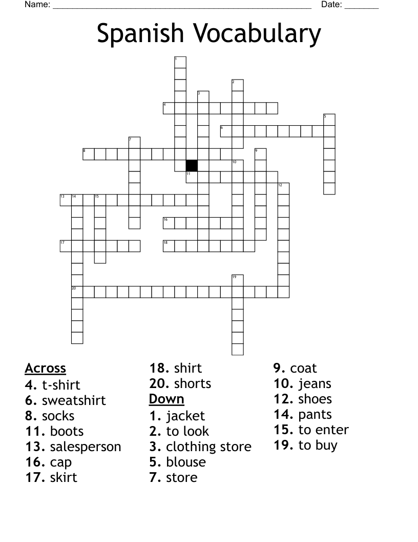 Spanish Vocabulary  Crossword