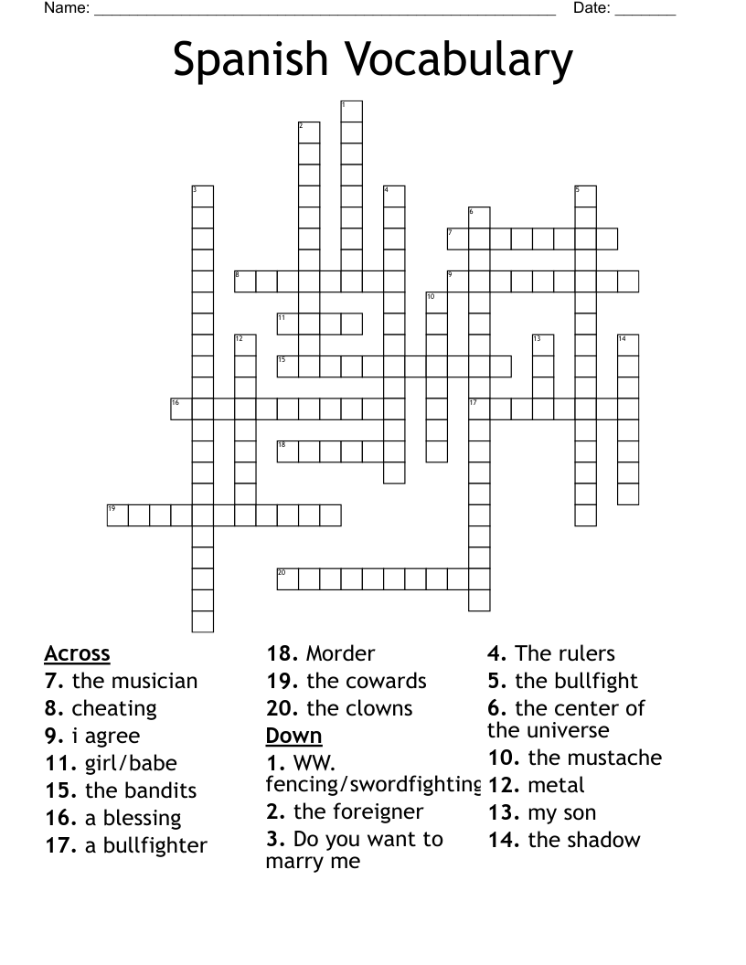 Spanish Vocabulary  Crossword