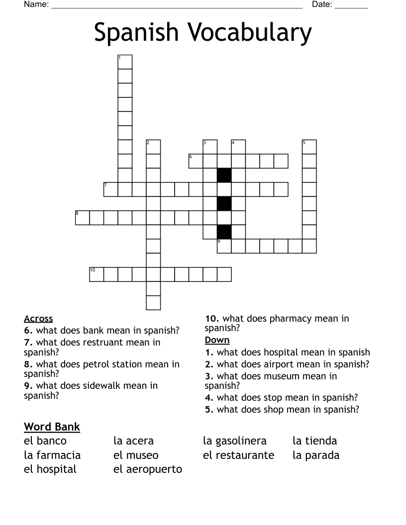 Spanish Vocabulary  Crossword