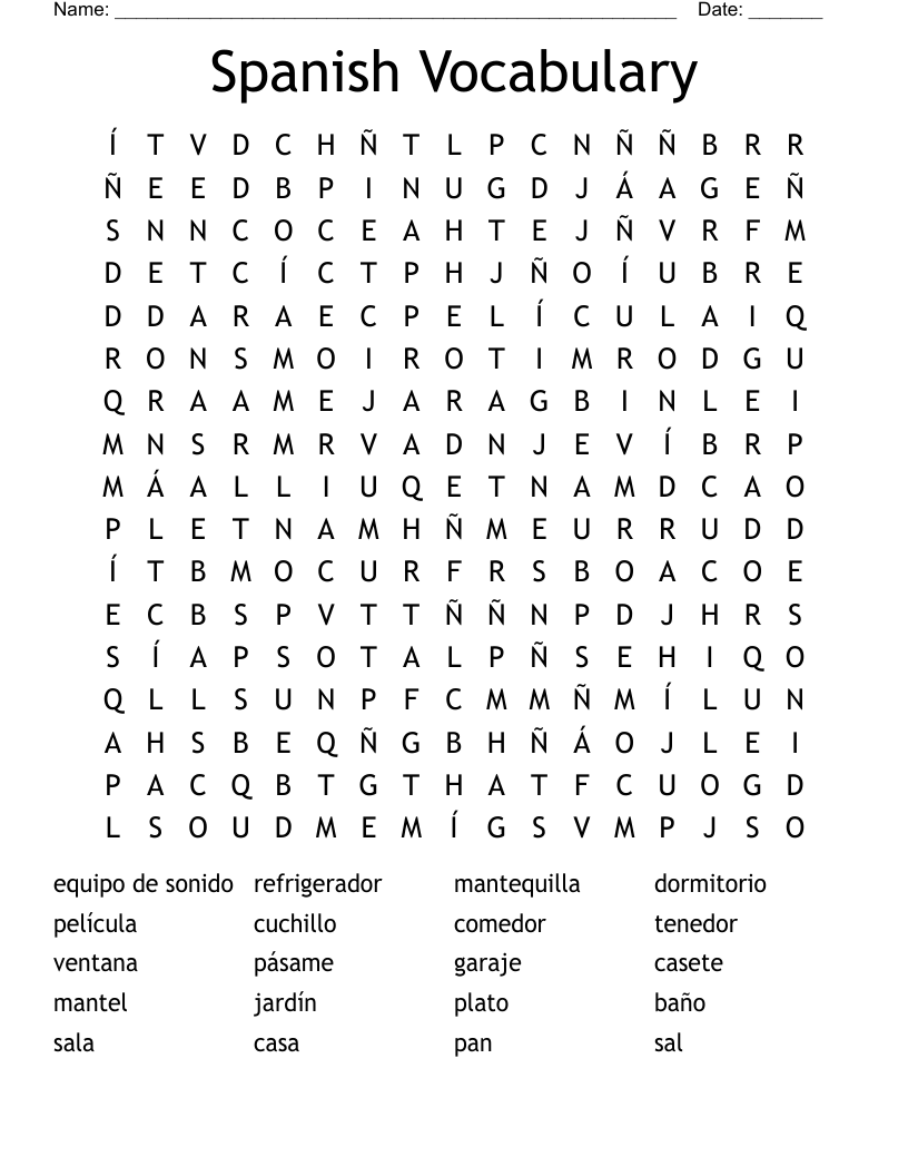 Spanish Vocabulary  Word Search