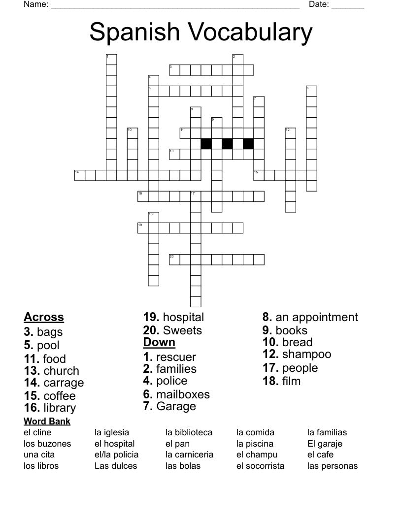 Spanish Vocabulary  Crossword