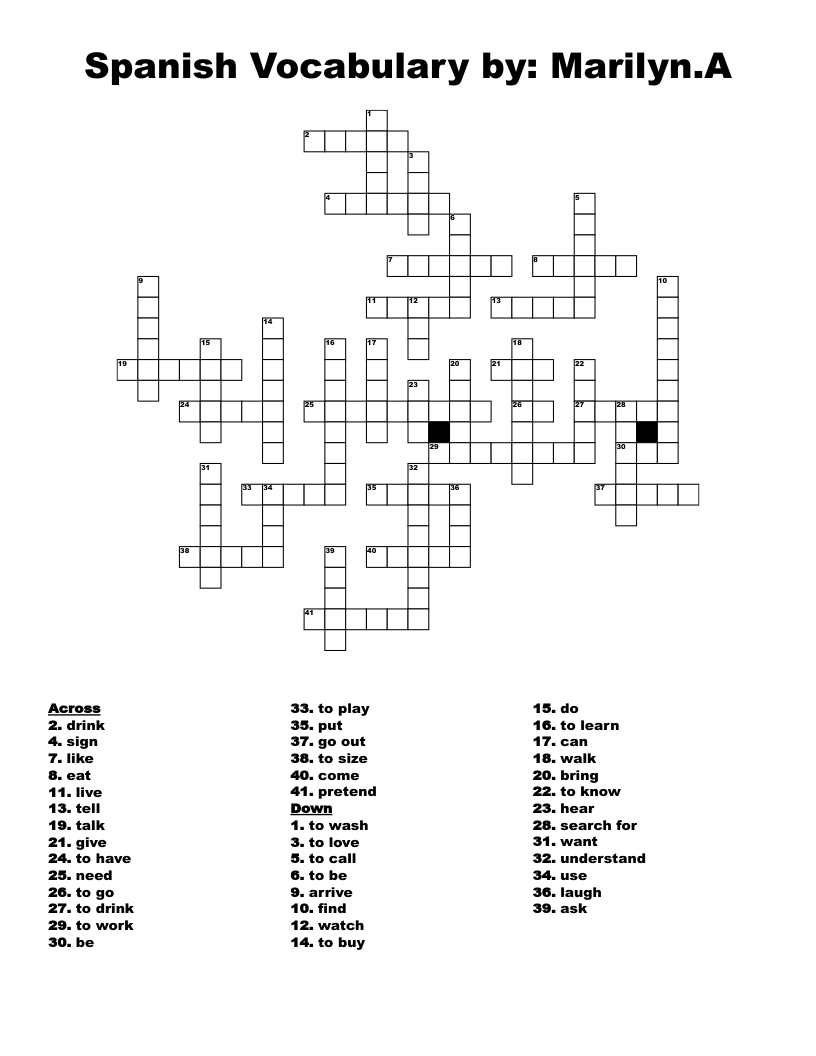 Spanish Vocabulary by: Marilyn.A Crossword