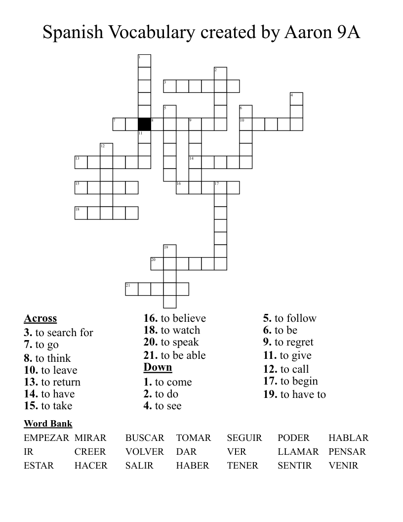 Spanish Vocabulary created by Aaron 9A Crossword
