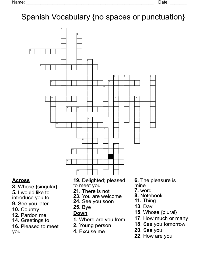 Spanish Vocabulary {no spaces or punctuation} Crossword