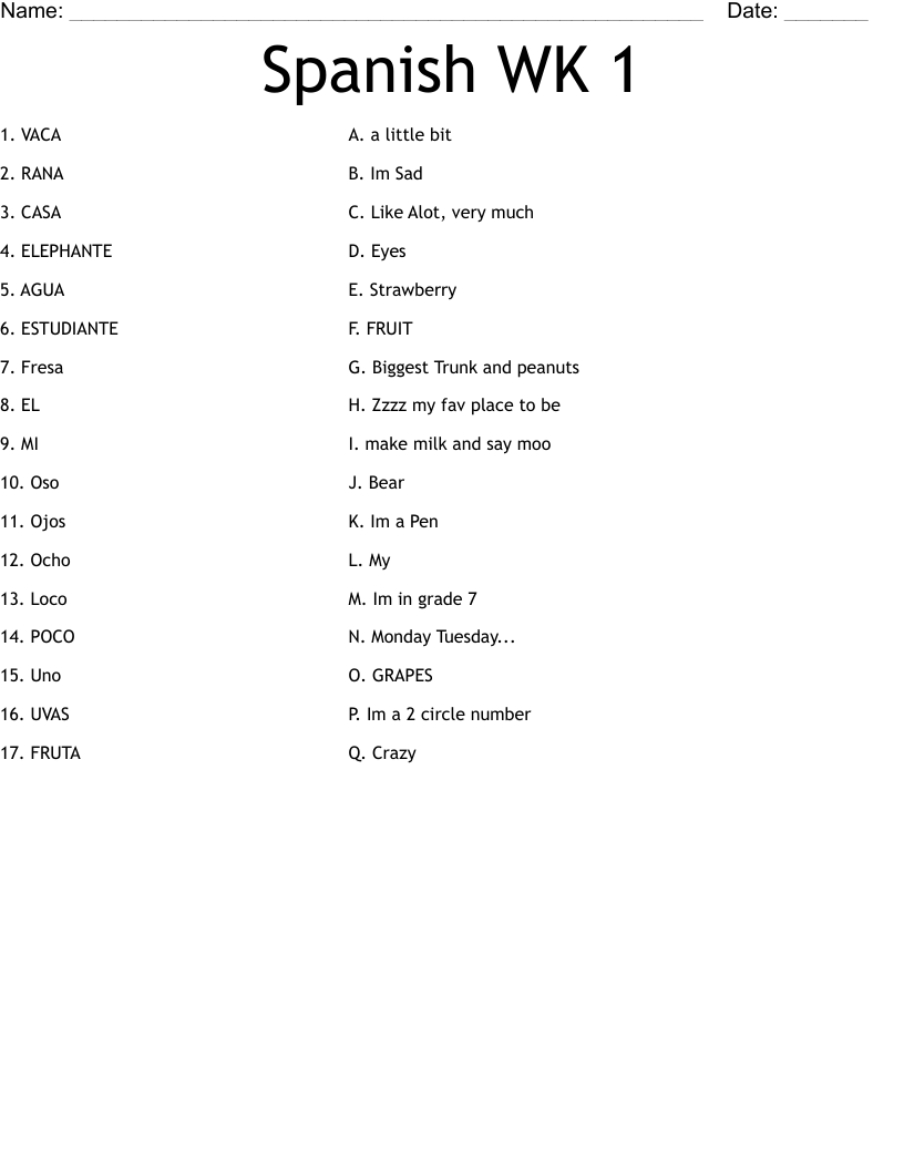 Spanish WK 1 Worksheet