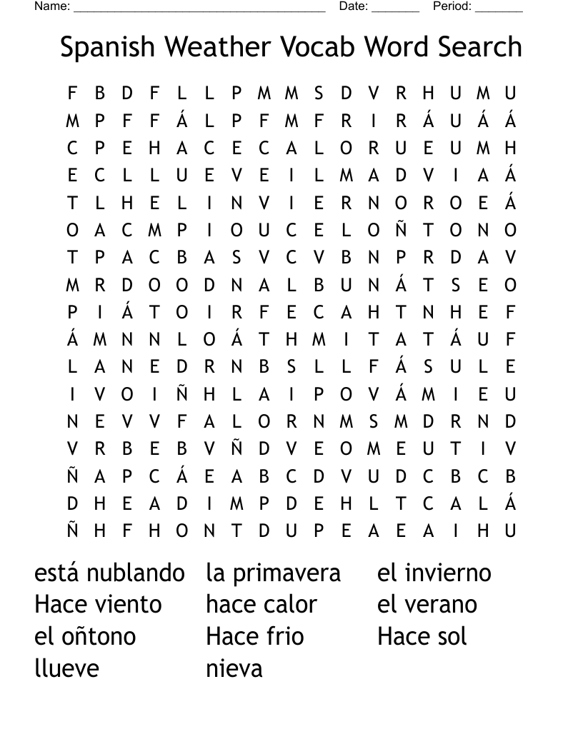 Spanish Weather Vocab Word Search
