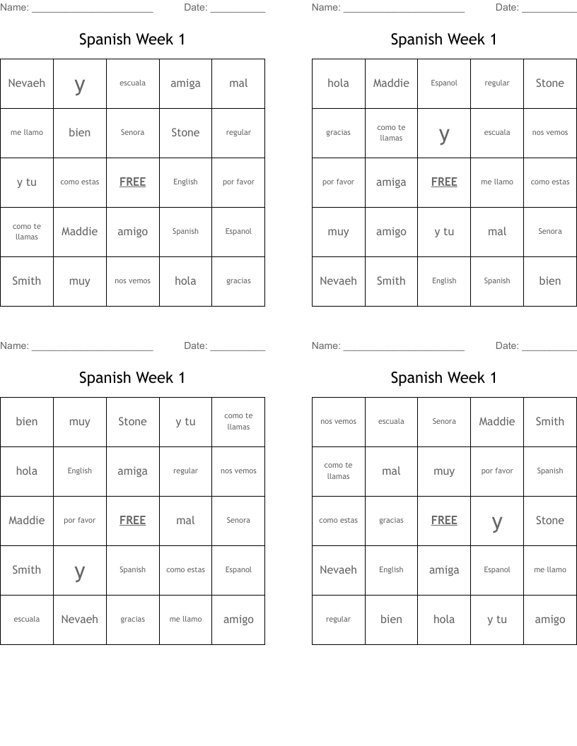 Spanish Week 1 Bingo Cards