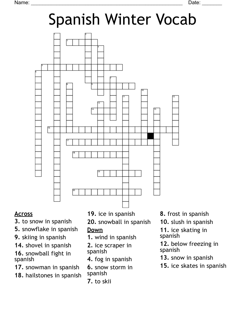 Spanish Winter Vocab Crossword
