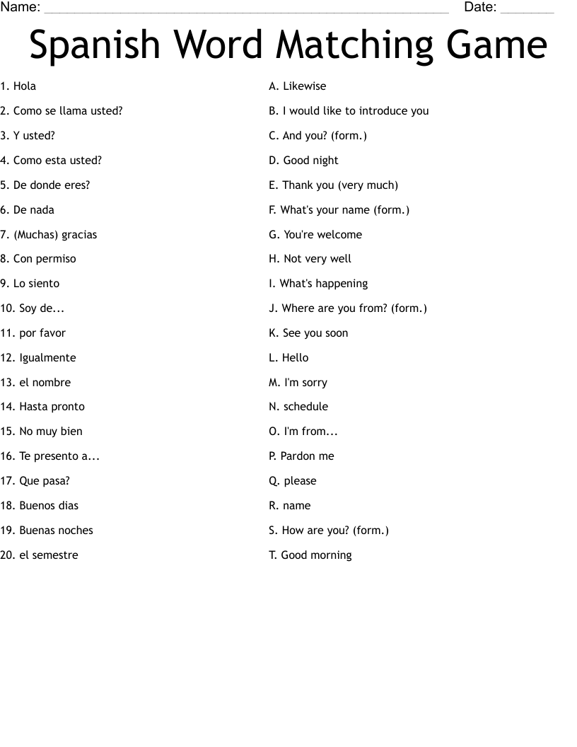 Spanish Word Matching Game Worksheet