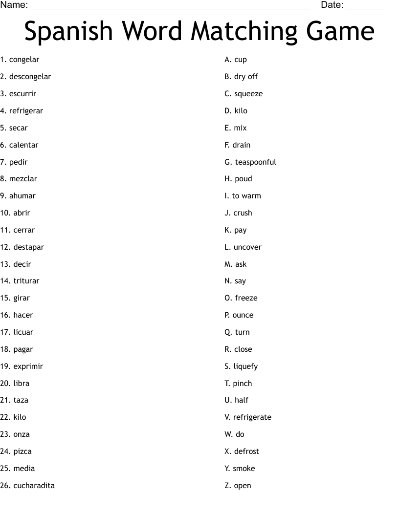Spanish Word Matching Game  Worksheet